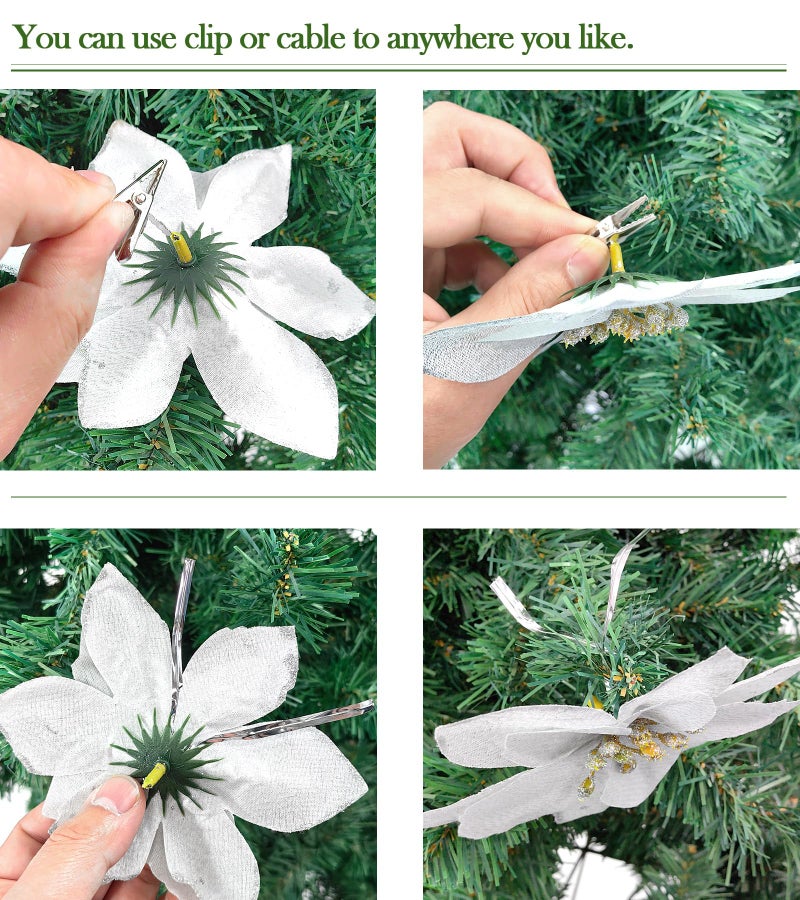 Gardeningwill 12Pcs 5 Inch Glitter Artificial Poinsettia Flowers with Ties for Wedding Christmas Festival Holiday Decor Xmas Wreath Garland Ornament Purple - Image 4