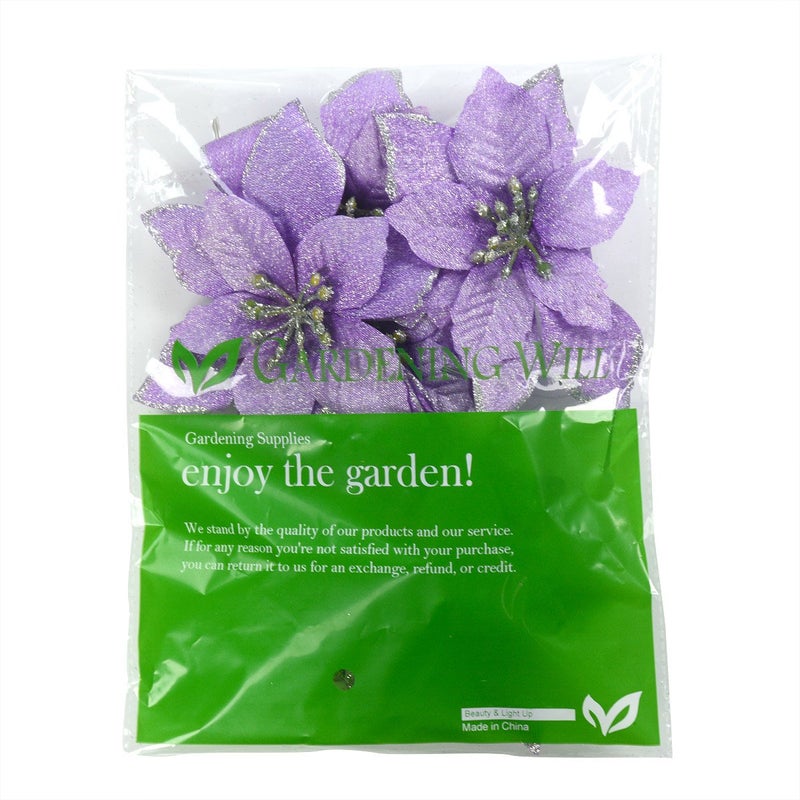 Gardeningwill 12Pcs 5 Inch Glitter Artificial Poinsettia Flowers with Ties for Wedding Christmas Festival Holiday Decor Xmas Wreath Garland Ornament Purple - Image 5