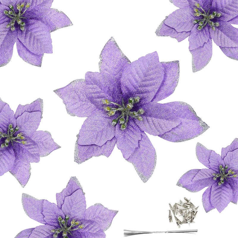 Gardeningwill 12Pcs 5 Inch Glitter Artificial Poinsettia Flowers with Ties for Wedding Christmas Festival Holiday Decor Xmas Wreath Garland Ornament Purple - Image 1
