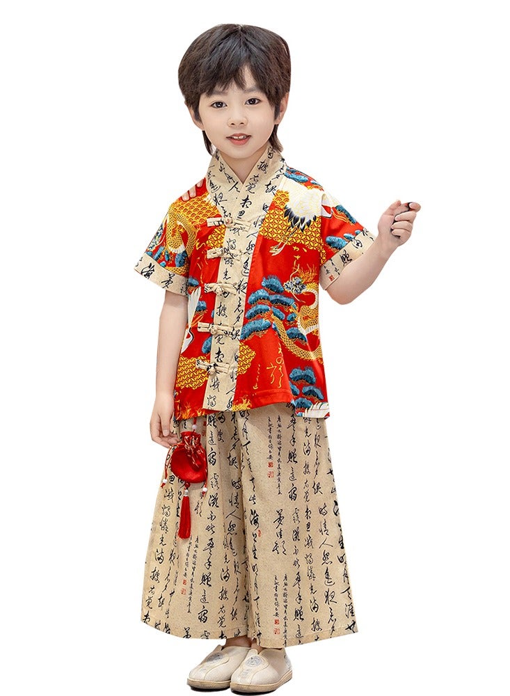 LiangSanZhi Boys & Girls Chinese Style Tang Suit Short Sleeve Floral Shirt & Wide Leg Pants Performance Costume, Spring Summer Autumn Kindergarten Hanfu National Trend Outfit Stage Show Clothing - Image 1