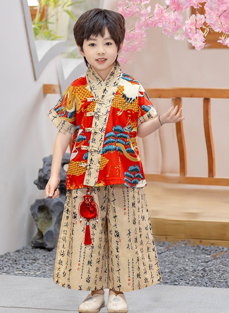 LiangSanZhi Boys & Girls Chinese Style Tang Suit Short Sleeve Floral Shirt & Wide Leg Pants Performance Costume, Spring Summer Autumn Kindergarten Hanfu National Trend Outfit Stage Show Clothing - Image 3