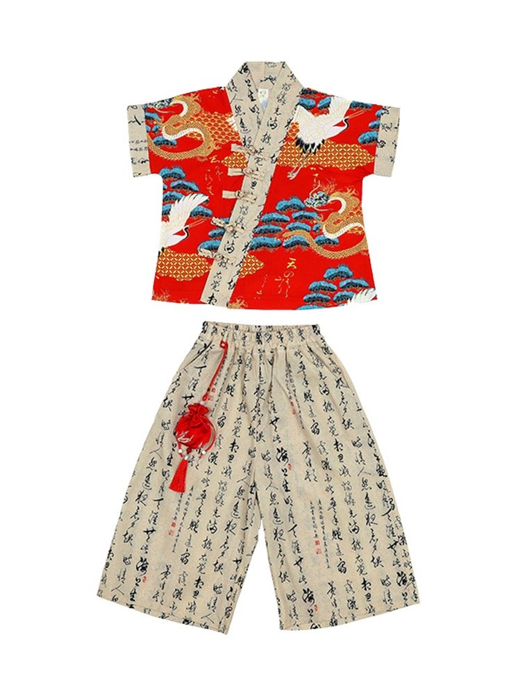 LiangSanZhi Boys & Girls Chinese Style Tang Suit Short Sleeve Floral Shirt & Wide Leg Pants Performance Costume, Spring Summer Autumn Kindergarten Hanfu National Trend Outfit Stage Show Clothing - Image 4