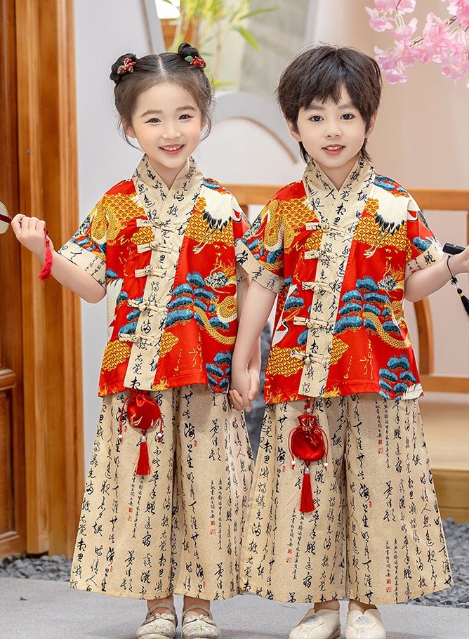 LiangSanZhi Boys & Girls Chinese Style Tang Suit Short Sleeve Floral Shirt & Wide Leg Pants Performance Costume, Spring Summer Autumn Kindergarten Hanfu National Trend Outfit Stage Show Clothing - Image 5