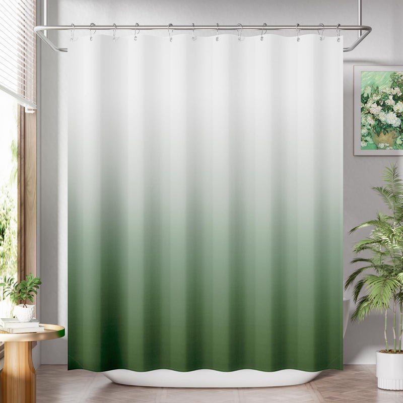 AmazerBath Fabric Shower Curtain Set Ombre Grass Green Curtain with 12 Curtain Hooks Rustic Cloth Green and White Cute Washable Bathroom Shower Curtain 72x72 Inches