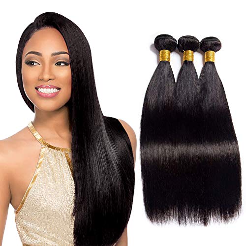 Rebasar Brazilian Straight Human Hair 3 Bundles 20 Inch Remy Weft Extensions - Virgin Weave for Women - Natural Black Color - Image 1