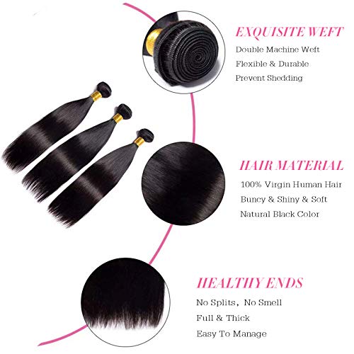Rebasar Brazilian Straight Human Hair 3 Bundles 20 Inch Remy Weft Extensions - Virgin Weave for Women - Natural Black Color - Image 3