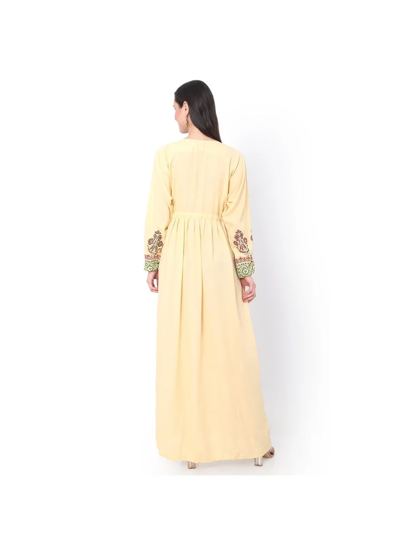 HANA & SARA YELLOW COLOUR VISCOSE DRESS WITH MULTICOLOUR EMBROIDERED ARABIC JALABIYA DRESS