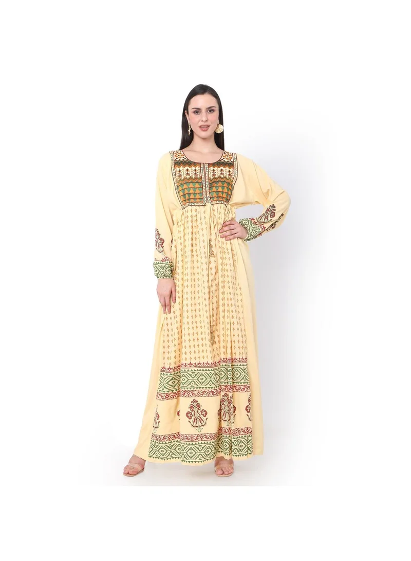 هانا آند سارا YELLOW COLOUR VISCOSE DRESS WITH MULTICOLOUR EMBROIDERED ARABIC JALABIYA DRESS
