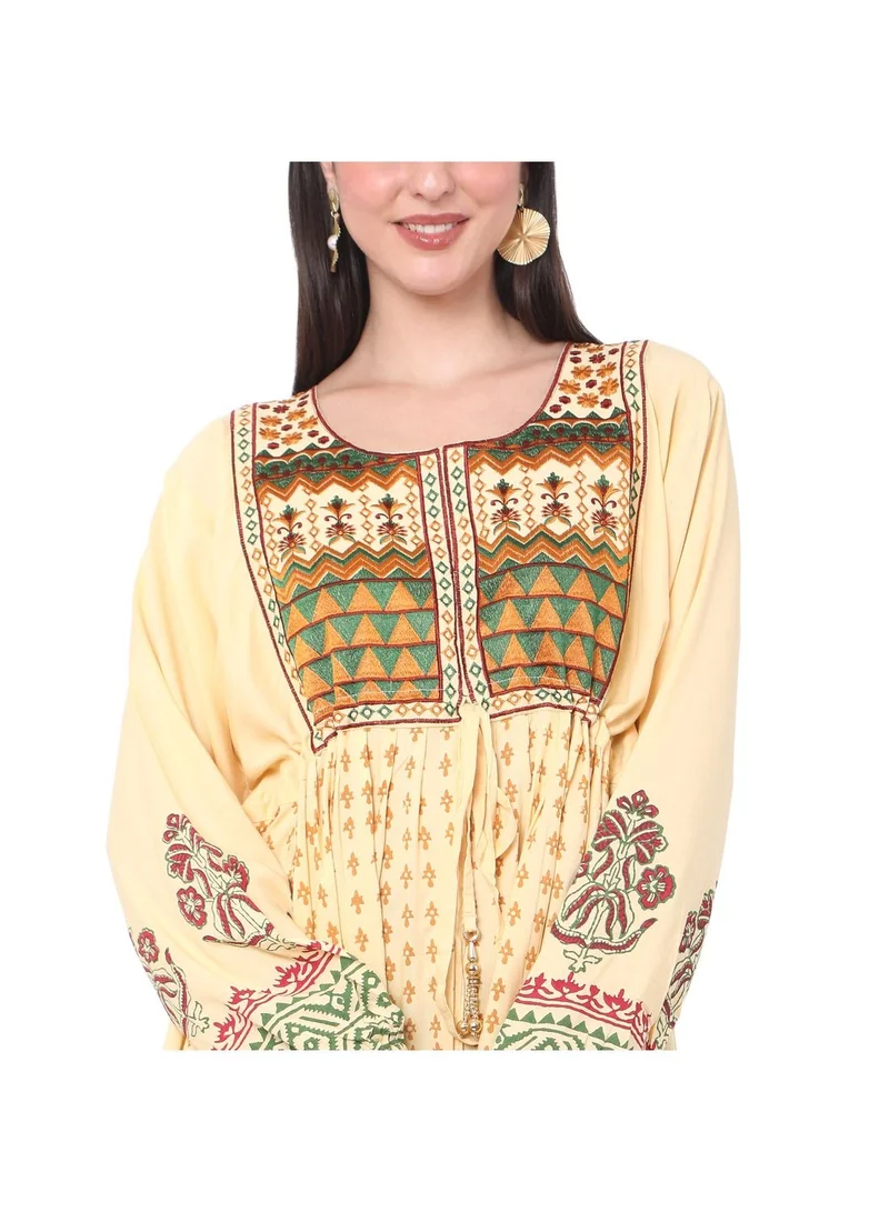 هانا آند سارا YELLOW COLOUR VISCOSE DRESS WITH MULTICOLOUR EMBROIDERED ARABIC JALABIYA DRESS