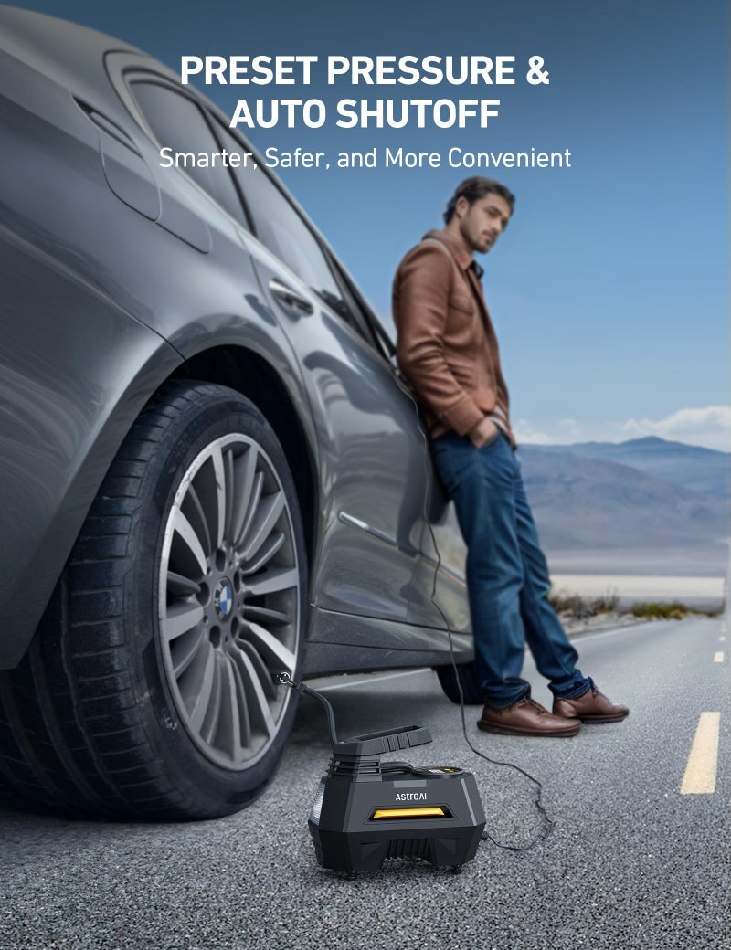 أسترواي مضخة هواء ضاغط هواء محمولة من AstroAI للإطارات - ملحقات السيارة، مضخة أوتوماتيكية 12 فولت تيار مستمر مع مقياس ضغط رقمي، ضوء LED طوارئ للدراجة، بالونات، أصفر - Image 2