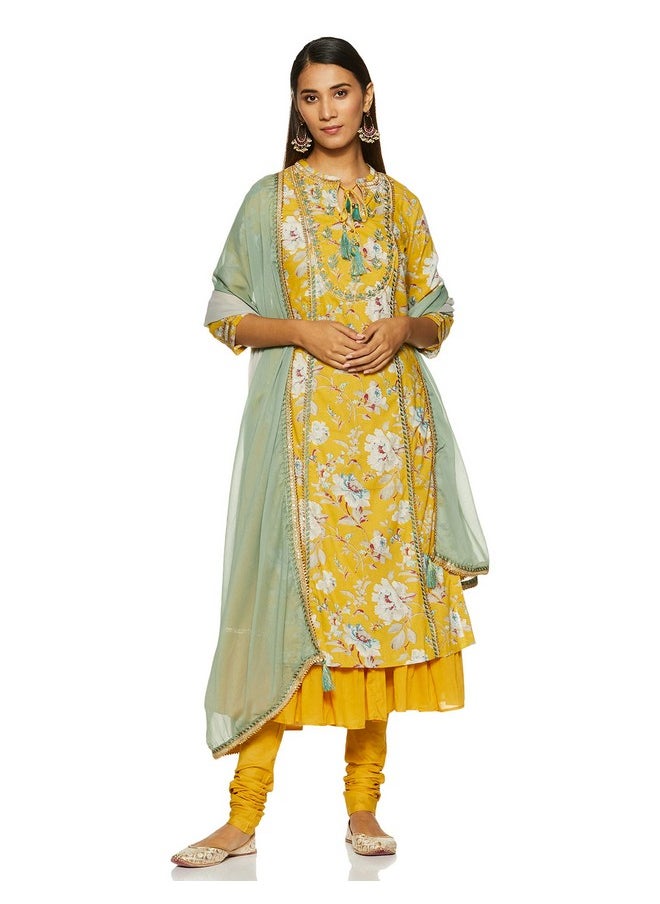 Biba - BIBA Cotton Women Printed Fitted Salwar Kurta Dupatta(Skd6614_Yellow_36) - Image 1