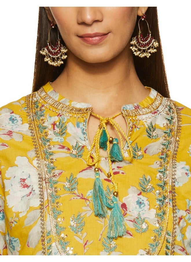 Biba - BIBA Cotton Women Printed Fitted Salwar Kurta Dupatta(Skd6614_Yellow_36) - Image 1