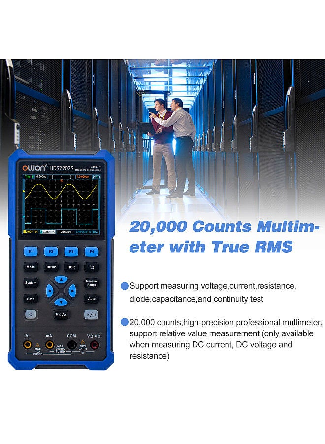OWON HDS2202S 3 in 1 Handheld Digital Oscilloscope Multimeter Waveform Generator 200MHz 1GSa/s Dual Channels Oscilloscope True RMS 20000 Counts Multi Tester
