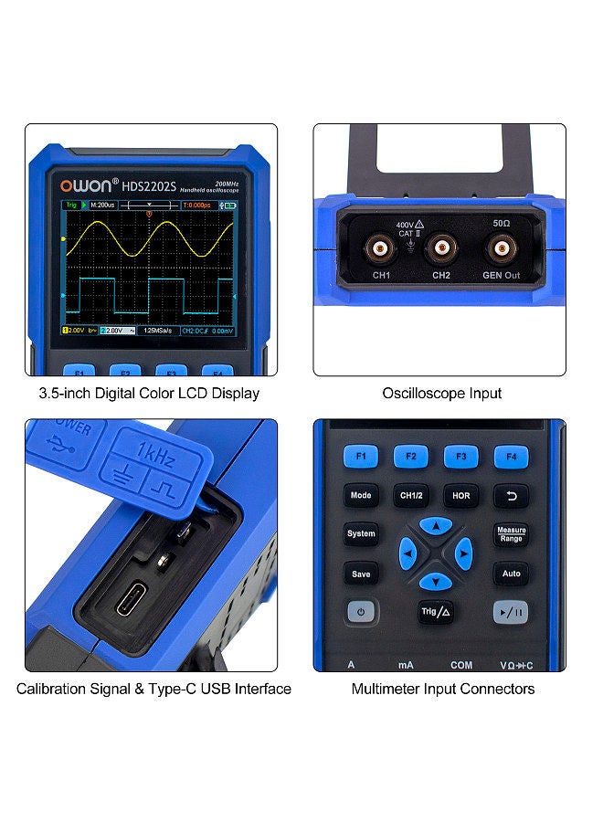 OWON HDS2202S 3 in 1 Handheld Digital Oscilloscope Multimeter Waveform Generator 200MHz 1GSa/s Dual Channels Oscilloscope True RMS 20000 Counts Multi Tester
