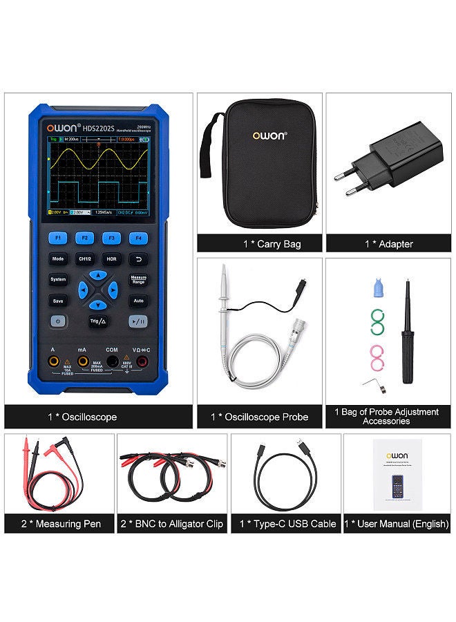 OWON HDS2202S 3 in 1 Handheld Digital Oscilloscope Multimeter Waveform Generator 200MHz 1GSa/s Dual Channels Oscilloscope True RMS 20000 Counts Multi Tester