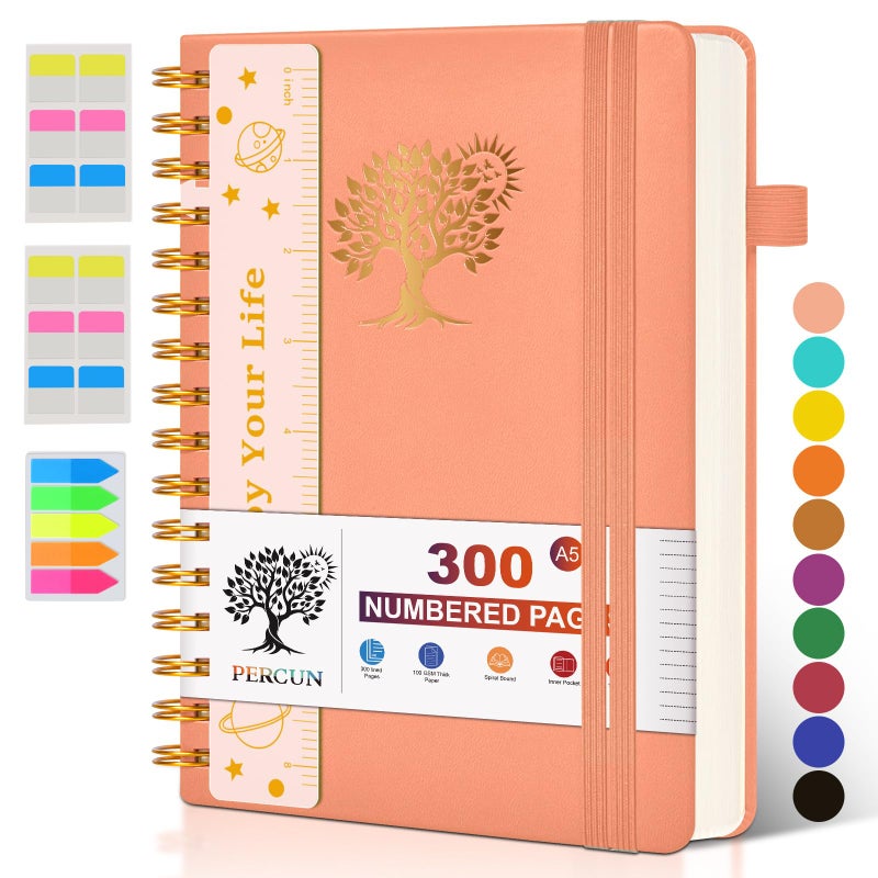 PERCUN Spiral Notebook Journal for Women Men, 300 Numbered Lined Pages, College Ruled, A5 Hardcover Spiral Bound Notebook for School, Work, Note Taking Writing, Leather Spiral Journal Medium 5.9"x8.5" - Image 1