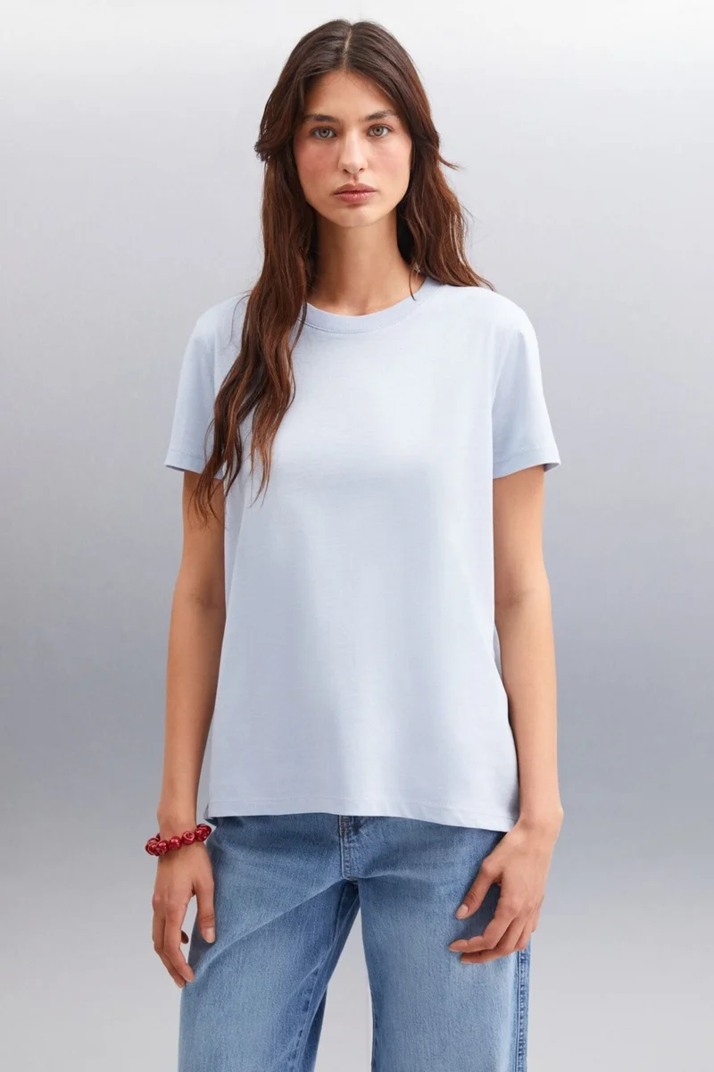 GRIMELANGE Samantha Women's Comfort Fit 100% Organic Cotton Basic Knitted Blue T-shirt