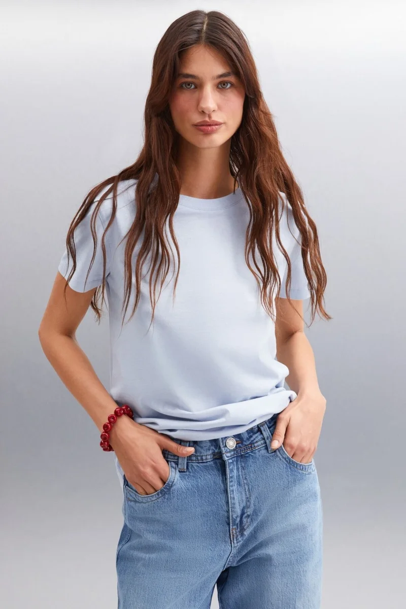 GRIMELANGE Samantha Women's Comfort Fit 100% Organic Cotton Basic Knitted Blue T-shirt