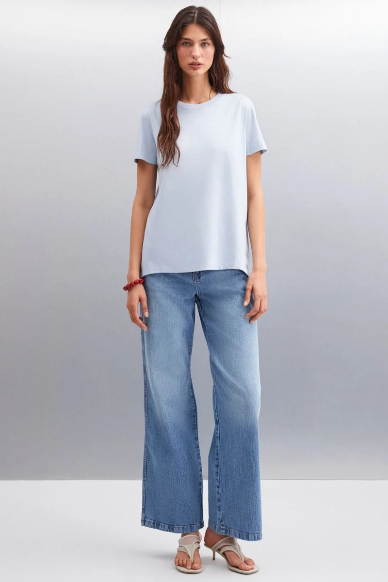 GRIMELANGE Samantha Women's Comfort Fit 100% Organic Cotton Basic Knitted Blue T-shirt
