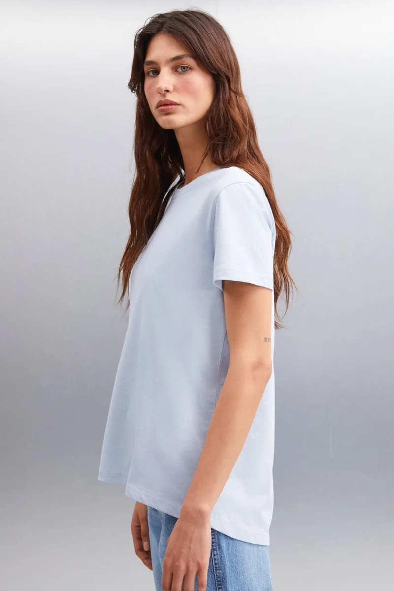 GRIMELANGE Samantha Women's Comfort Fit 100% Organic Cotton Basic Knitted Blue T-shirt