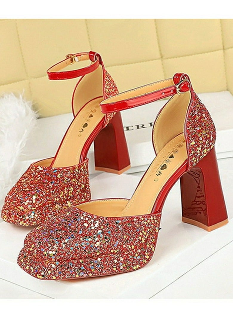 BIGTREE Womens Shiny Sequins Platform Chunky High Heel Square Closed Toe Ankle Strap Pumps Red 9CM - Image 1