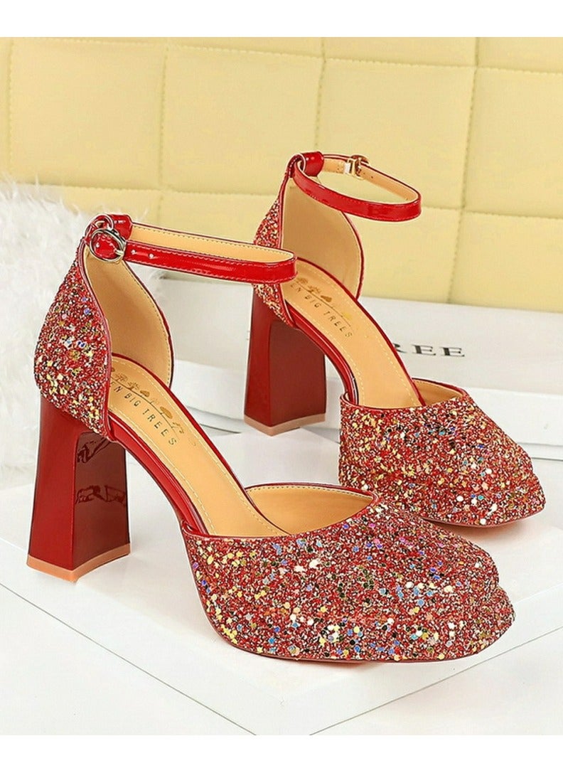 BIGTREE Womens Shiny Sequins Platform Chunky High Heel Square Closed Toe Ankle Strap Pumps Red 9CM - Image 2