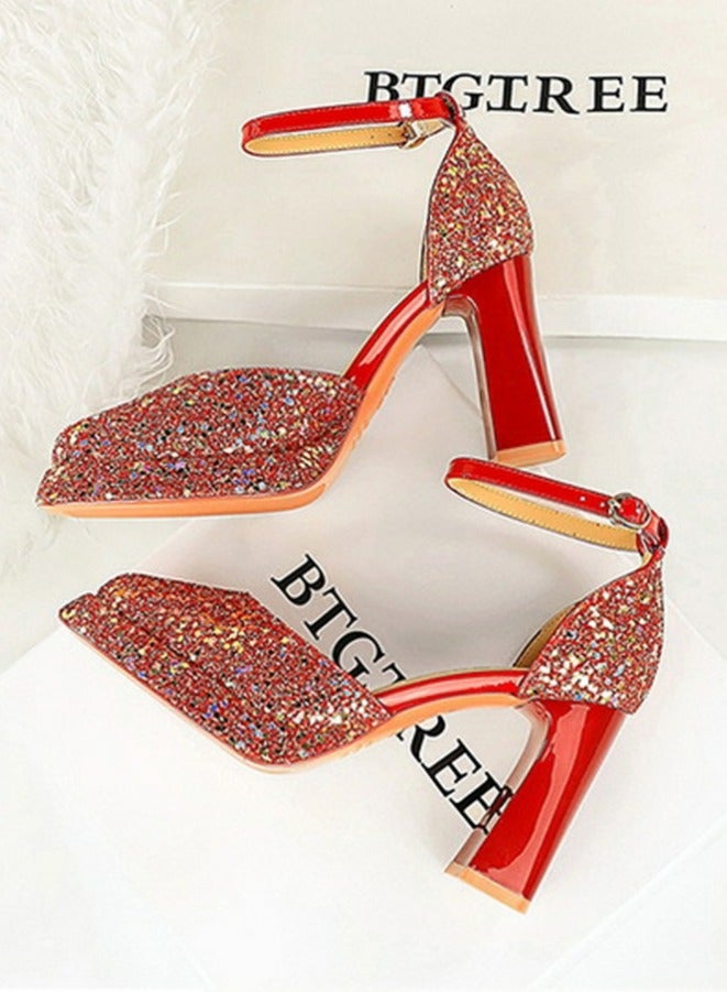 BIGTREE Womens Shiny Sequins Platform Chunky High Heel Square Closed Toe Ankle Strap Pumps Red 9CM - Image 3