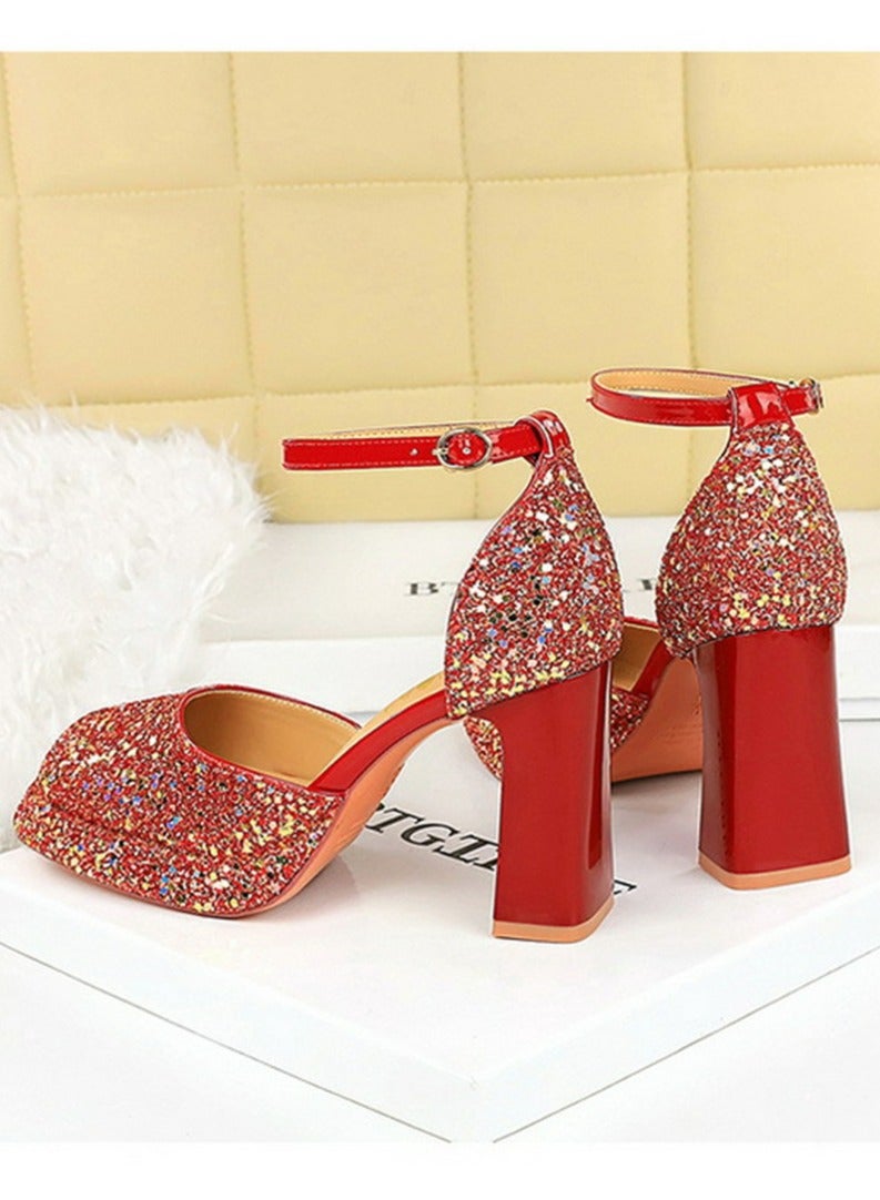 BIGTREE Womens Shiny Sequins Platform Chunky High Heel Square Closed Toe Ankle Strap Pumps Red 9CM - Image 4