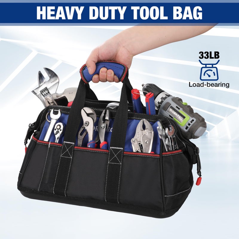 WORKPRO 16-inch Wide Mouth Tool Bag, Heavy Duty Cloth Tool Storage Bag with Water Proof Molded Base, Adjustable Shoulder Strap - Image 3