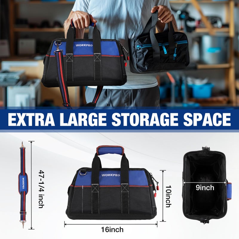 WORKPRO 16-inch Wide Mouth Tool Bag, Heavy Duty Cloth Tool Storage Bag with Water Proof Molded Base, Adjustable Shoulder Strap - Image 2