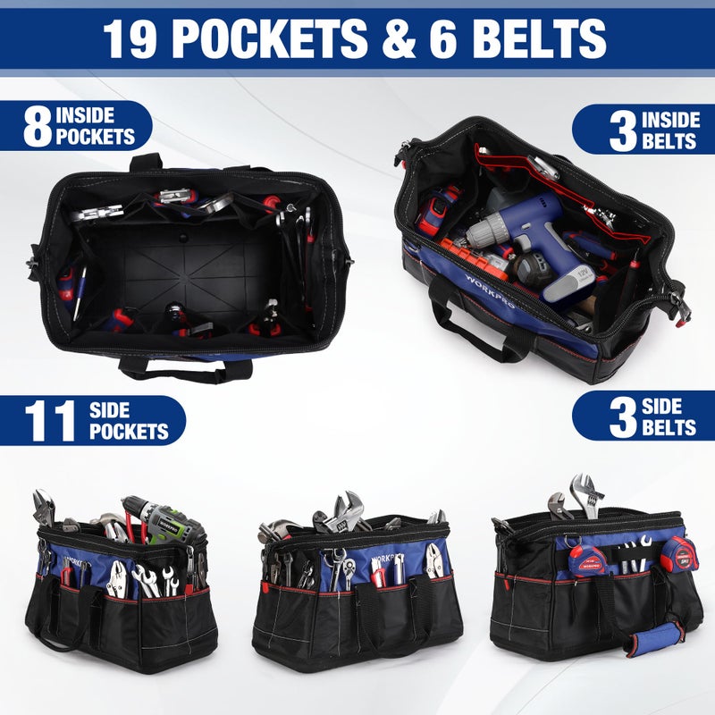 WORKPRO 16-inch Wide Mouth Tool Bag, Heavy Duty Cloth Tool Storage Bag with Water Proof Molded Base, Adjustable Shoulder Strap - Image 4