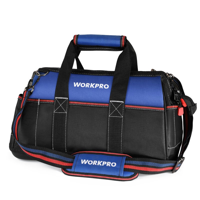 WORKPRO 16-inch Wide Mouth Tool Bag, Heavy Duty Cloth Tool Storage Bag with Water Proof Molded Base, Adjustable Shoulder Strap - Image 1