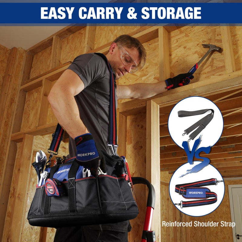 WORKPRO 16-inch Wide Mouth Tool Bag, Heavy Duty Cloth Tool Storage Bag with Water Proof Molded Base, Adjustable Shoulder Strap - Image 5