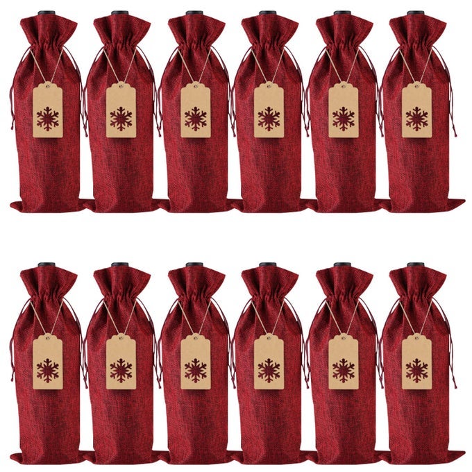 BURLAP WINE GIFT BAGS JUTE DRAWSTRING WINE BOTTLE COVERS WITH ROPES AND TAGS FOR CHRISTMAS WEDDING TRAVEL BIRTHDAY HOLIDAY PARTY WINE RED 12
