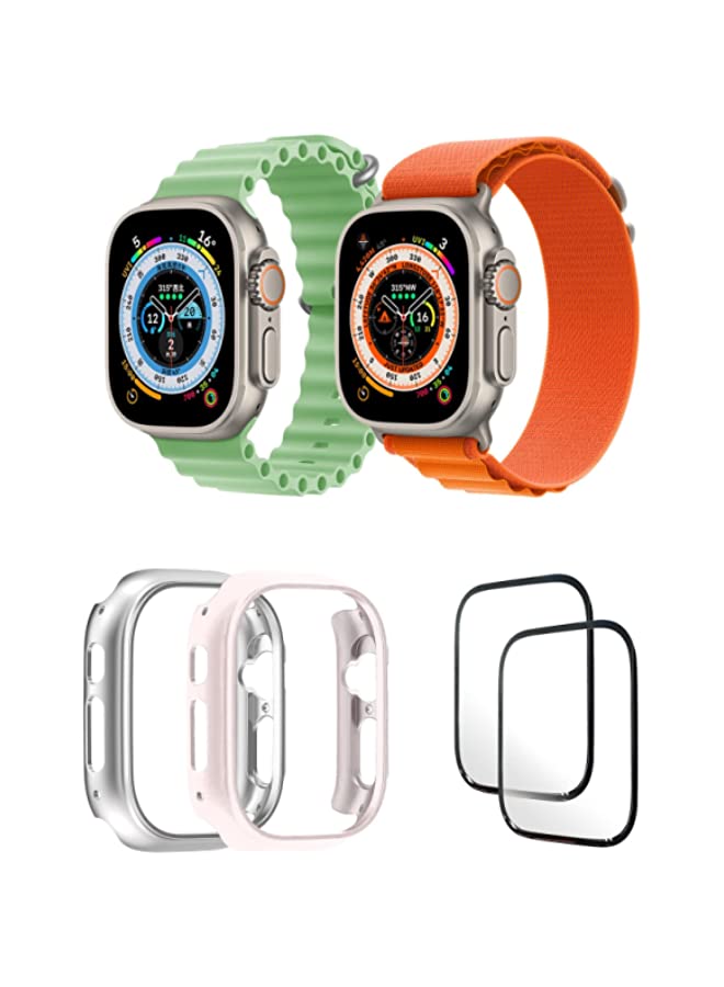 vesus Silicone Ocean Band Strap for iWatch Ultra 8 49mm,Nylon G-hook Loop Buckle Watch Strap Mint Green/Orange , Case Compatible with iWatch Ultra 49mm Silver/Pink ,2* pcs Watch glass Set of 6