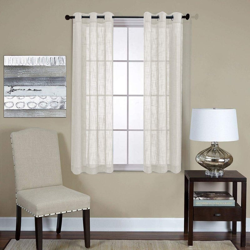 MIUCO Semi Sheer Curtains Poly Linen Textured Solid Grommet Curtains 63 Inches Long for Living Room 2 Panels (2 x 37 Wide x 63" Long) Beige - Image 1