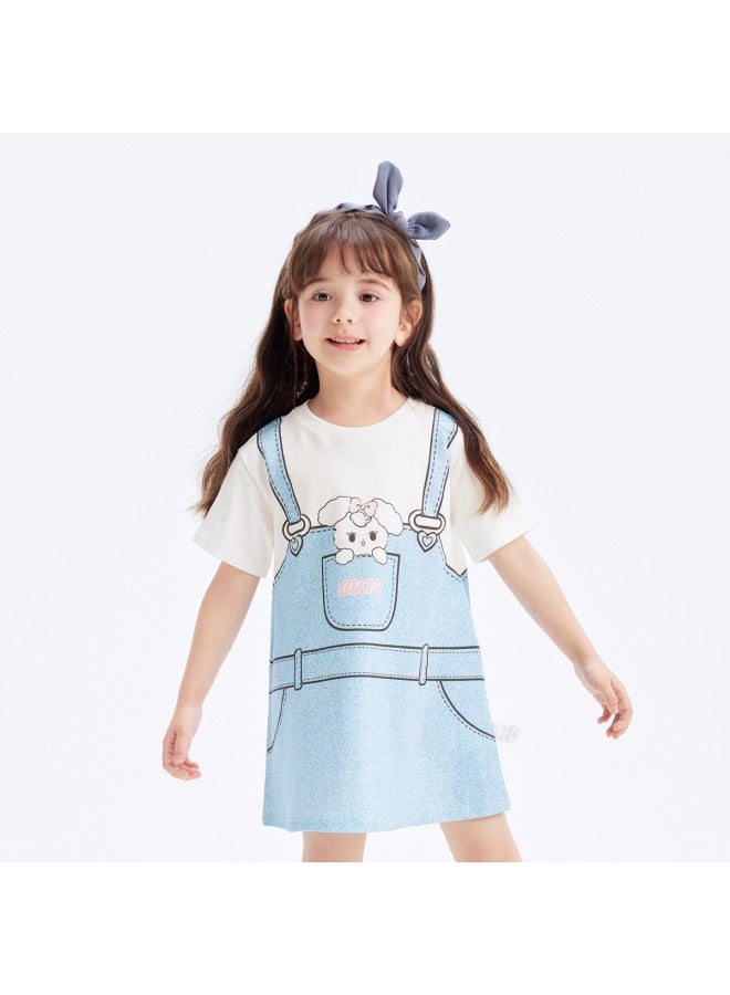 Balabala Cool And Breathable Cotton Faux Two-piece Children's Dress, Girls' Summer Dress, Overall Skirt For Toddlers And Babies - Image 2