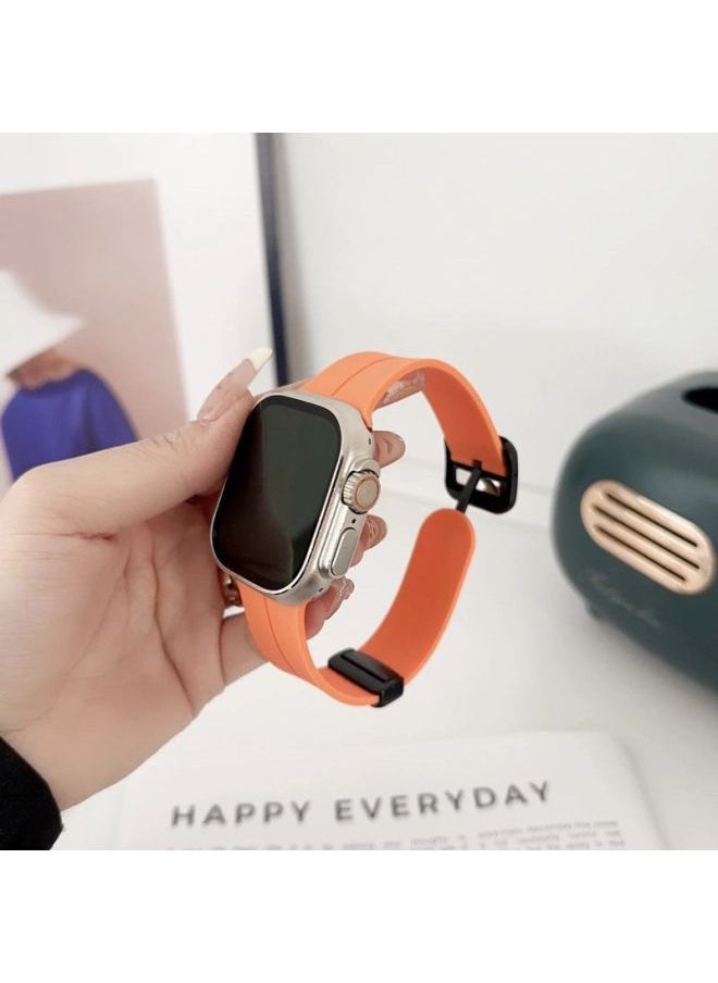 Generic For Iwatch10 For Apple Watch For Applewatch987654 Square Buckle Folding Magnetic Silicone Tape Ultra-Color:Ins [square Buckle Folding Magnetic Silicone] Orange-44mm (iwatch456 Generation Se)  - Image 1