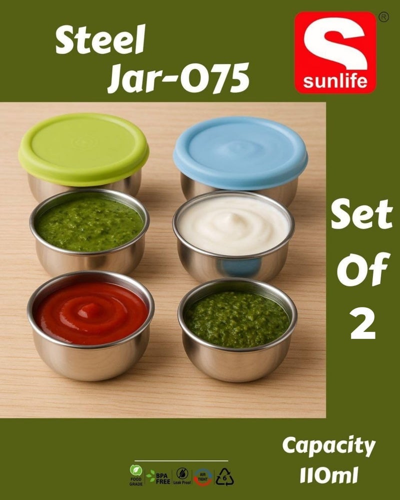 sunlife - Stainless Steel Chutney Dabba Set - Durable Food-Grade Plastic Lids, Perfect Small Size Containers for Chutney, Salad, Dips & Pickle (Style-75 (100ml Each), Pack Of 2) - Image 2