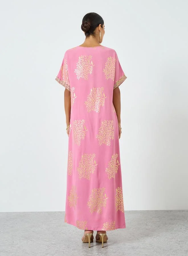 Take Two pink Women Tree Printed Golden Trim Patch Jalabiya for Women | Best Price UAE