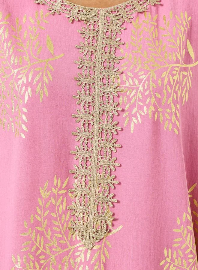 Take Two pink Women Tree Printed Golden Trim Patch Jalabiya for Women | Best Price UAE