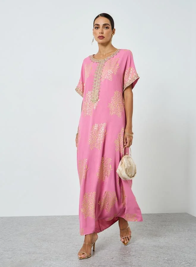 Take Two pink Women Tree Printed Golden Trim Patch Jalabiya for Women | Best Price UAE