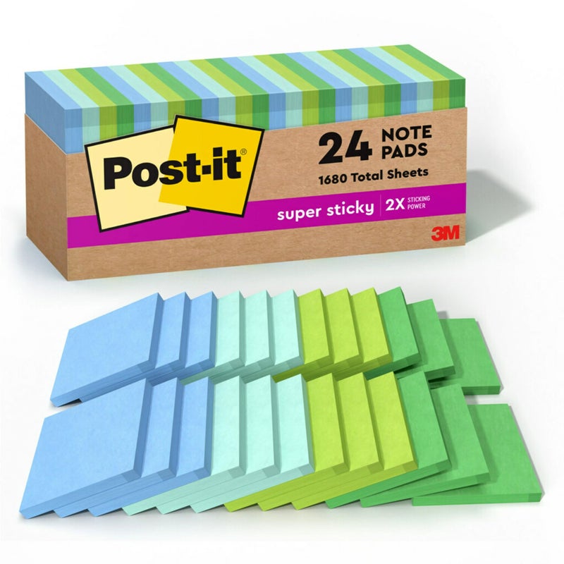 3M Post-it Super Sticky Recycled Notes, 3x3 in, 24 Pads, 2x the Sticking Power, Poptimistic, Bright Colors, 30% Recycled Paper (654-24SST-CP) - Image 1