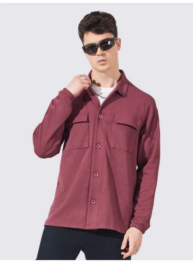 مانياك شيرت رجالي بياقة وأكمام كاملة، لون خمري، بجيوب مزدوجة، مقاس واسع، من البوليستر فليس