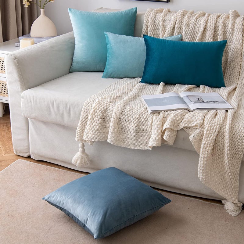 Pack of 2 Velvet Throw Pillow Covers Soft Thick Square Cushion Covers for Sofa Couch Bedroom Living Room 45x45cm (Light Blue) - Image 4