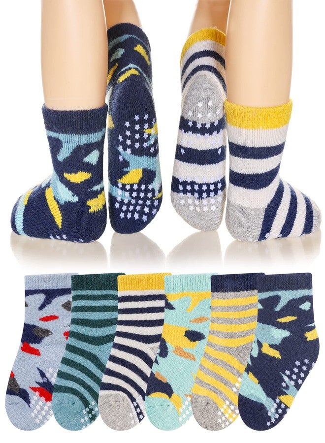 Eyean Baby Wool Grip Sock Soft Winter Warm Thick Non Slip Toddler Boy Girls Crew Socks For Children 6 Pairs (Stripe-C, 0-12 Months) - Image 1