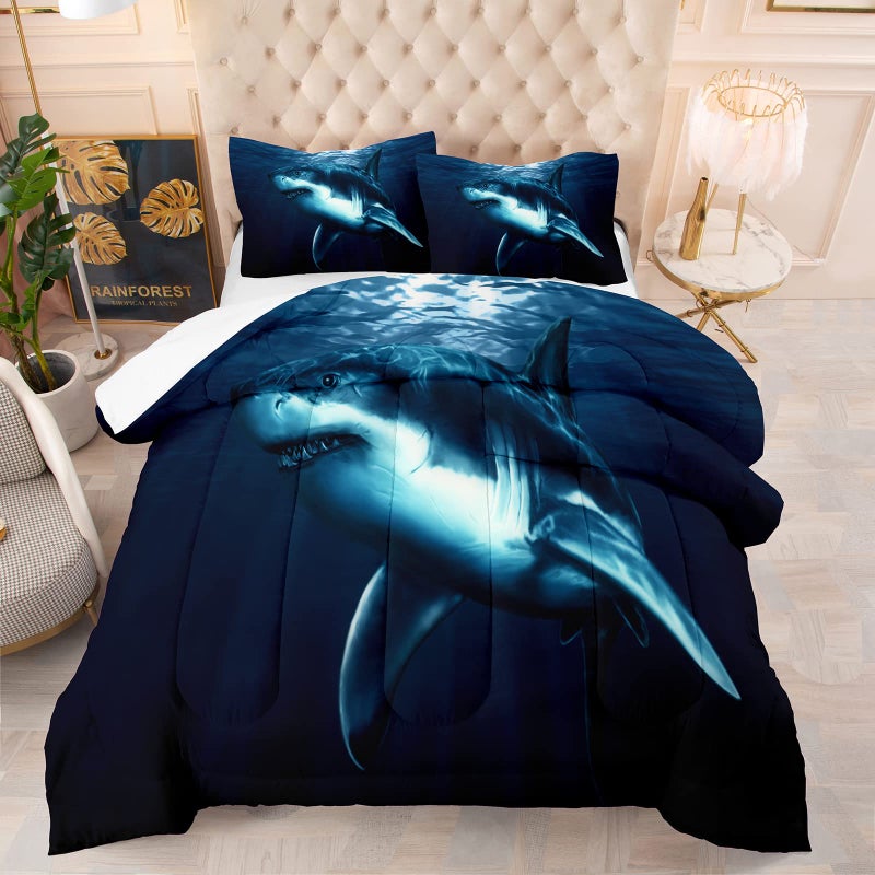 NINENINE Boys Blue Shark Queen Size Bedding Sets for Teens Kids Navy Blue Comforter Set Fish Ocean Bed SetIncludes 1 Comforter with Matching Pillowcases