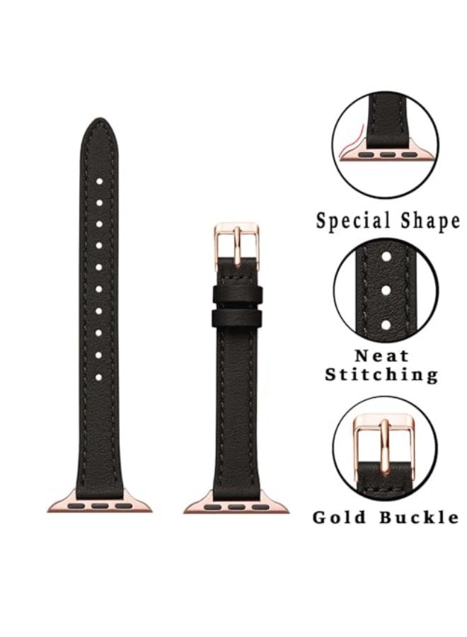 لغة أساور جلدية نحيفة متوافقة مع ساعة Apple بمقاسات 38 مم و40 مم و41 مم و42 مم (Series 11 / 10)، سوار ساعة رفيع من جلد طبيعي فاخر، متوافق مع iWatch SE و9 و8 و7 و6 و5 و4 و3 و2 و1 (أسود مع ذهبي وردي) - Image 4