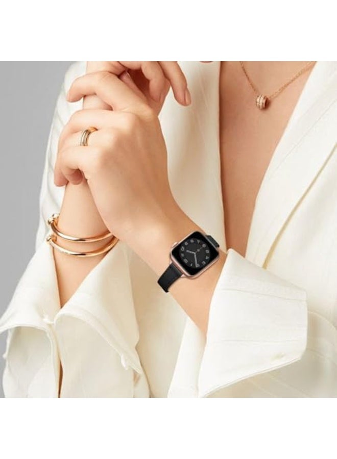 لغة أساور جلدية نحيفة متوافقة مع ساعة Apple بمقاسات 38 مم و40 مم و41 مم و42 مم (Series 11 / 10)، سوار ساعة رفيع من جلد طبيعي فاخر، متوافق مع iWatch SE و9 و8 و7 و6 و5 و4 و3 و2 و1 (أسود مع ذهبي وردي) - Image 5