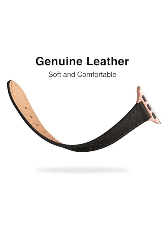 لغة أساور جلدية نحيفة متوافقة مع ساعة Apple بمقاسات 38 مم و40 مم و41 مم و42 مم (Series 11 / 10)، سوار ساعة رفيع من جلد طبيعي فاخر، متوافق مع iWatch SE و9 و8 و7 و6 و5 و4 و3 و2 و1 (أسود مع ذهبي وردي) - Image 3